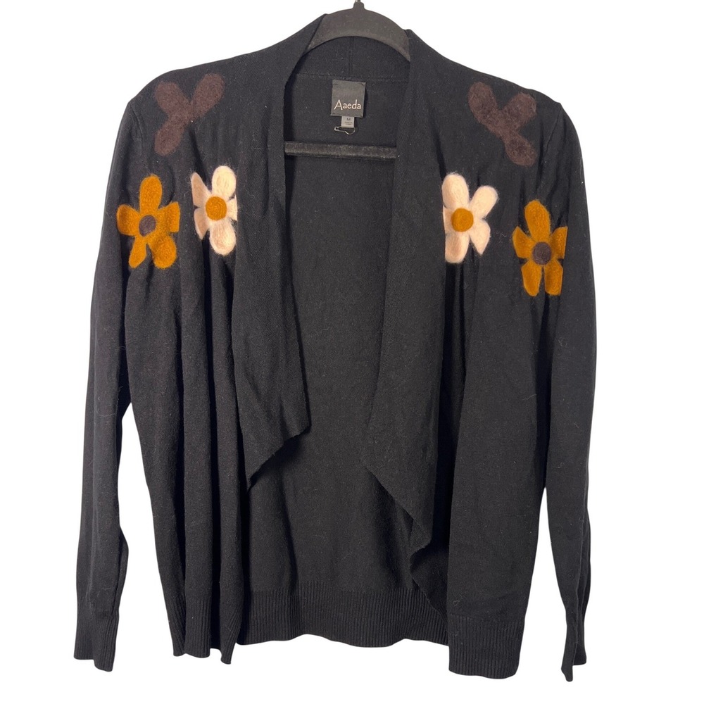AAeda Women's‎ Black Waterfall Sweater Cardigan with Boho Flower Detail Medium